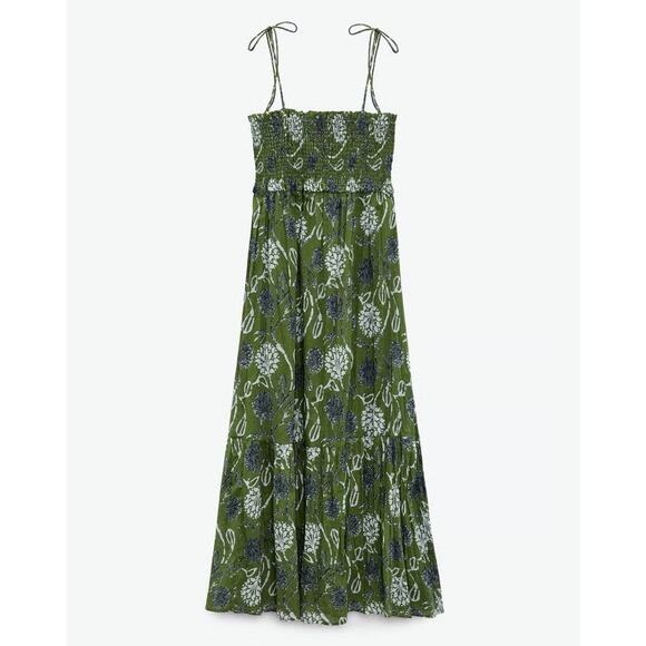 Zara Dresses & Skirts - ZARA Green Floral Print Smocked Midi Dress 100% Cotton Tie Straps Size XS